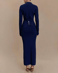 Blue A-Line Button Sweater Dress
