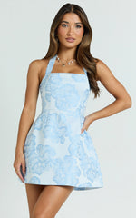 Gabbie Mini Dress - Jacquard Halter Fit And Flare Dress in Blue