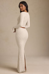 Vanda-Draped Low-Rise Lace Maxi Skirt in Ivory