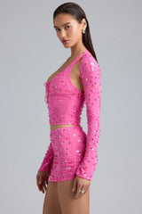 Liana-Embellished Cut-Out Halterneck Top in Bubblegum Pink