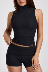 Della-Ribbed Modal Turtleneck Tank Top in Black