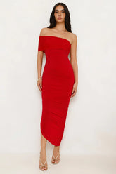 Plum Temptation Off Shoulder Midi Dress Red
