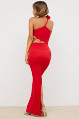 Kalina-Premium Jersey Asymmetric Cut Out Maxi Dress in Scarlet Red