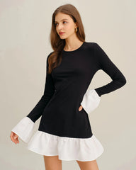 Black Contrasting A-Line Ruffle Mini Dress