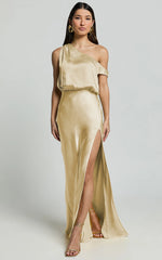 Jensen Midi Dress - Off Shoulder High Split Bias Slip Dress in Lemon