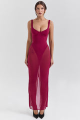 Wine Stretch Mesh Maxi Dress