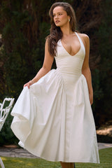 White Cotton Halter Midi Sundress