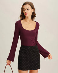 WIne Red V Neck Bell Sleeve Knit Tee
