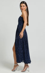 Sara Midi Dress - Ruched Bodice Lurex Dress in Navy