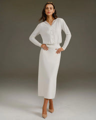 White V Neck Pearl Button Sweater