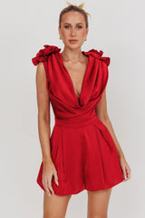 Superstar Draped Cowl Neck Rosettes Romper Wine