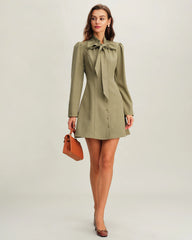 Green Tie Neck A-Line Mini Dress