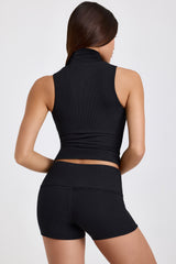 Lisha-Modal Ribbed Mid-Rise Foldover Shorts in Black