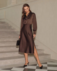 Coffee Ruched Button Midi Dress