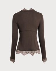 Brown Contrasting V Neck Slim Tee