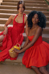 Italian Tomato Strapless Pleated Mini Dress