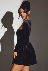 Tera-Velvet Long Sleeve Corset Mini Dress in Jet Black