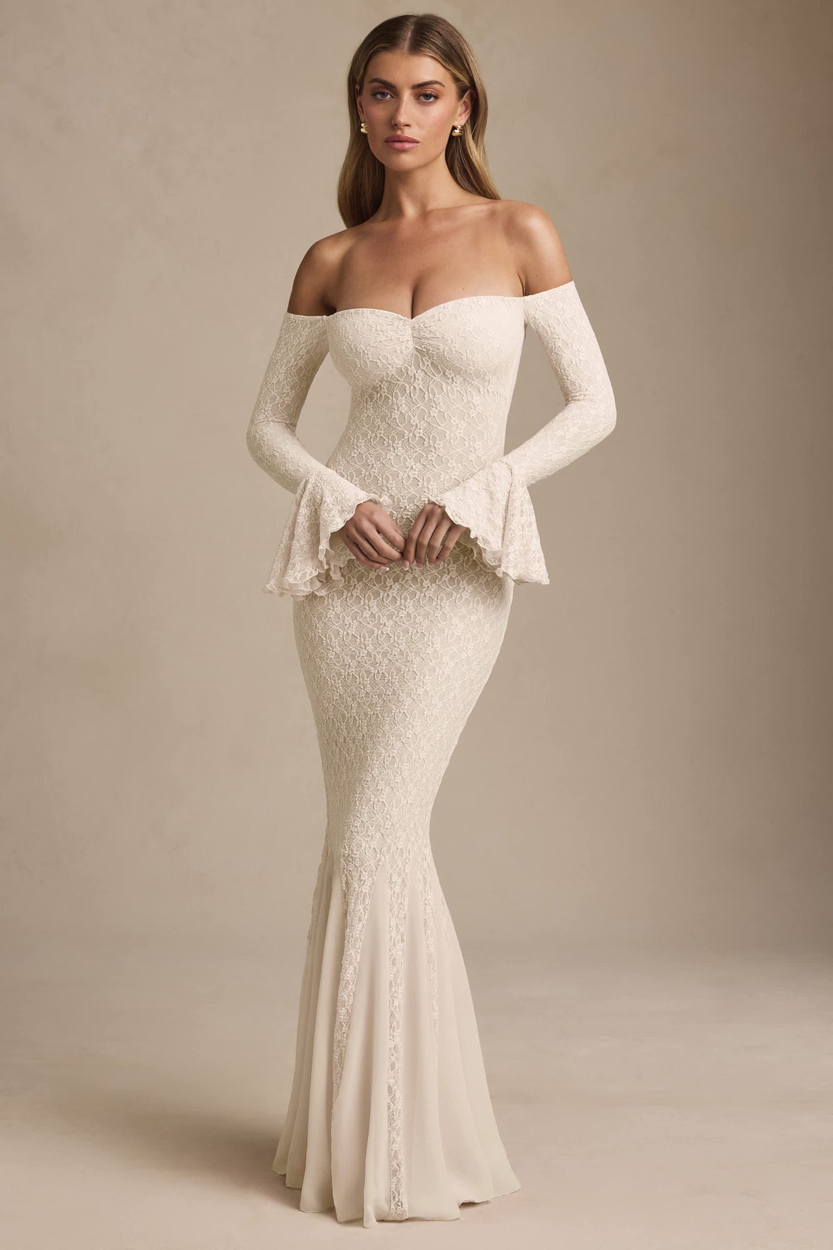 Verena-Off-Shoulder Ruffle Lace Maxi Dress in Ivory