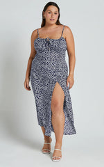 Willa Midi Dress - Ruched Bust Thigh Split Dress in Blue Floral