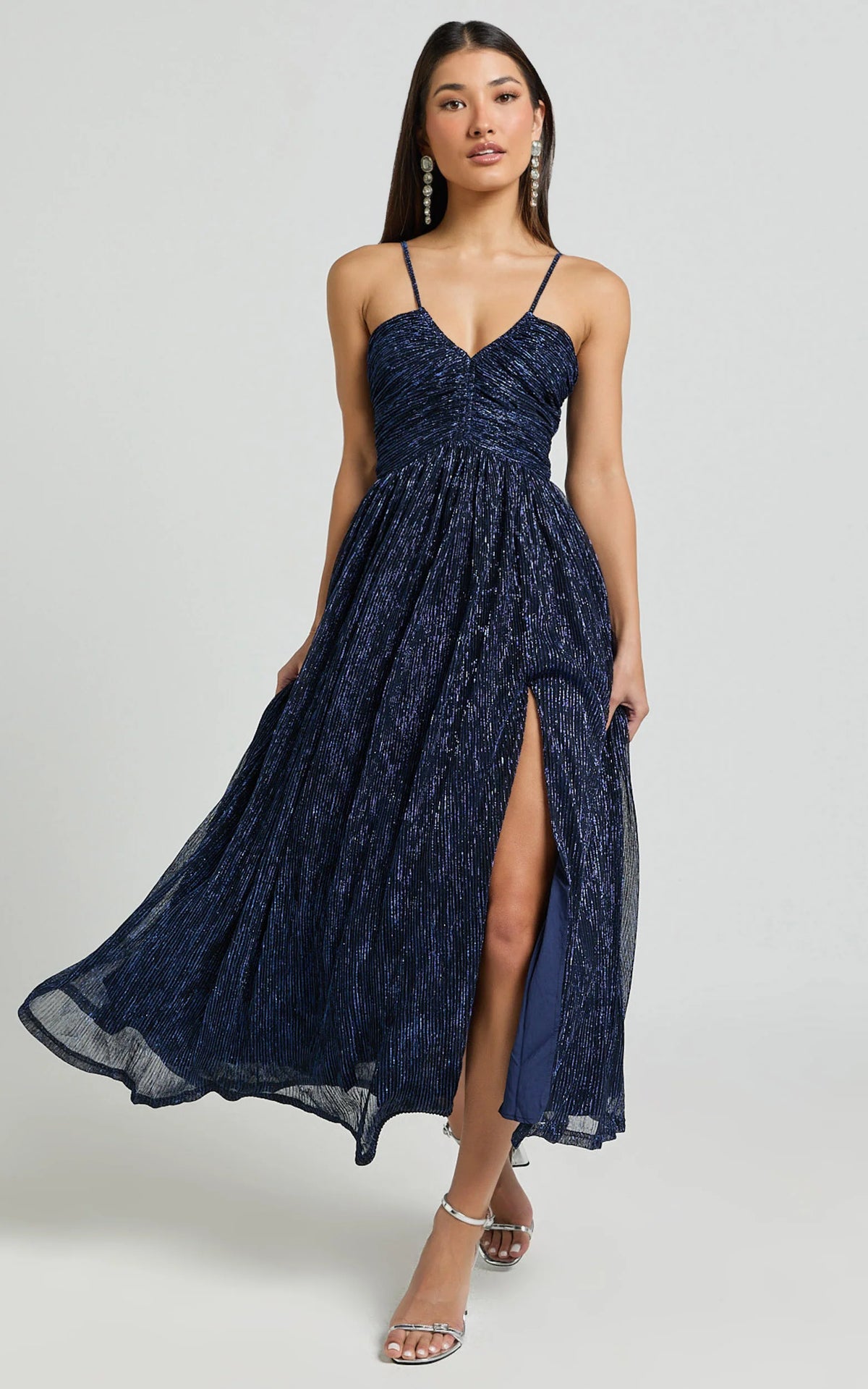 Sara Midi Dress - Ruched Bodice Lurex Dress in Navy