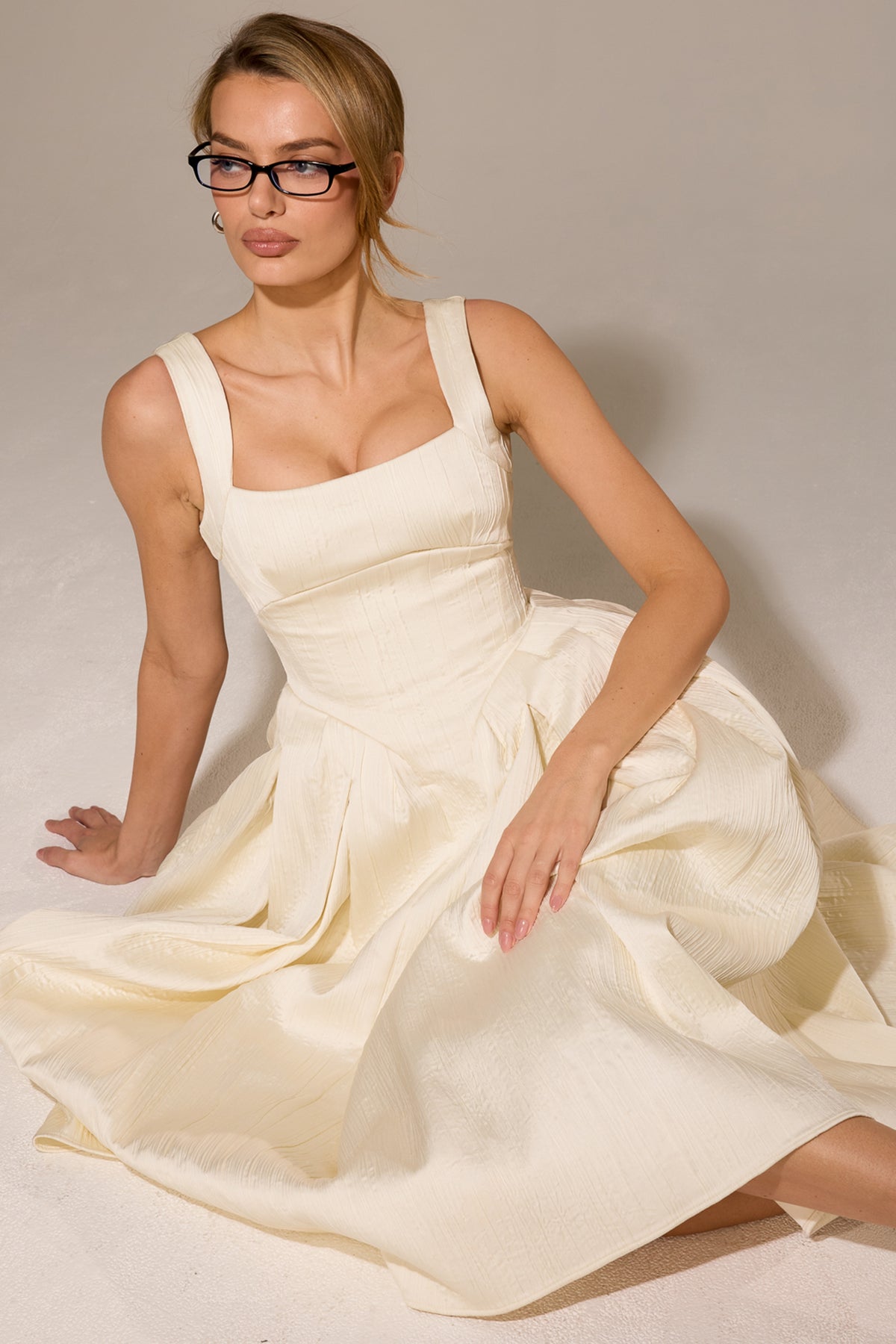 Ivory Textured Satin Corset Midi Dress