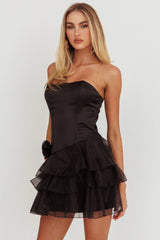 Bless Strapless Organza Ruffle Mini Dress Black