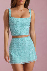 Lirael-Embellished Square-Neck Crop Top in Aqua Blue