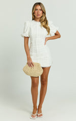 Laila Mini Linen Dress - High Neck Side Cut Out Puff Sleeve Straight Dress in Off White