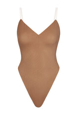 Intimates-Soft Mesh V-Neck Bodysuit in Honey