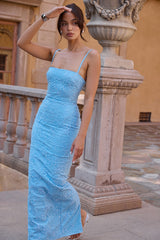 Tuscan Blue Embroidered Floral Maxi Dress