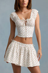 Faela-Ruched Cotton-Poplin Corset Top in Rose Print
