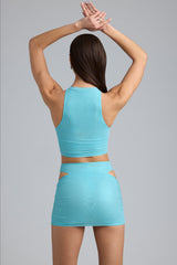 Mila-Metallic Ruched High-Neck Top in Ice Blue