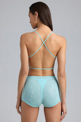 Stella-Embellished Mid-Rise Hot Pant Shorts in Ice Blue