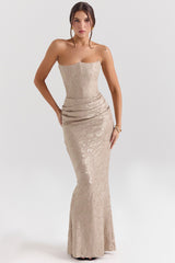 Pale Gold Chiffon Mesh Strapless Corset Maxi Dress