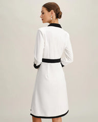 White Contrasting V Neck Button Midi Dress
