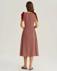 Red Plaid Tie Strap A-Line Midi Dress