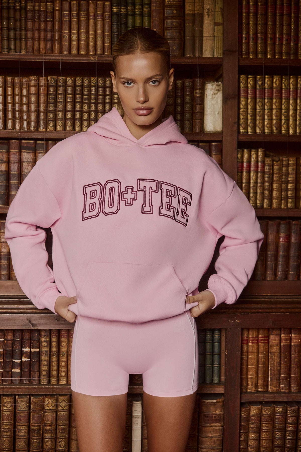 Oversized Appliqué Hoodie in Powder Pink