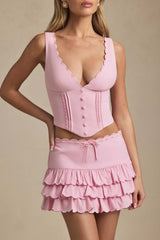 Lucia-Plunge-Neck Scalloped Corset Top in Soft Pink