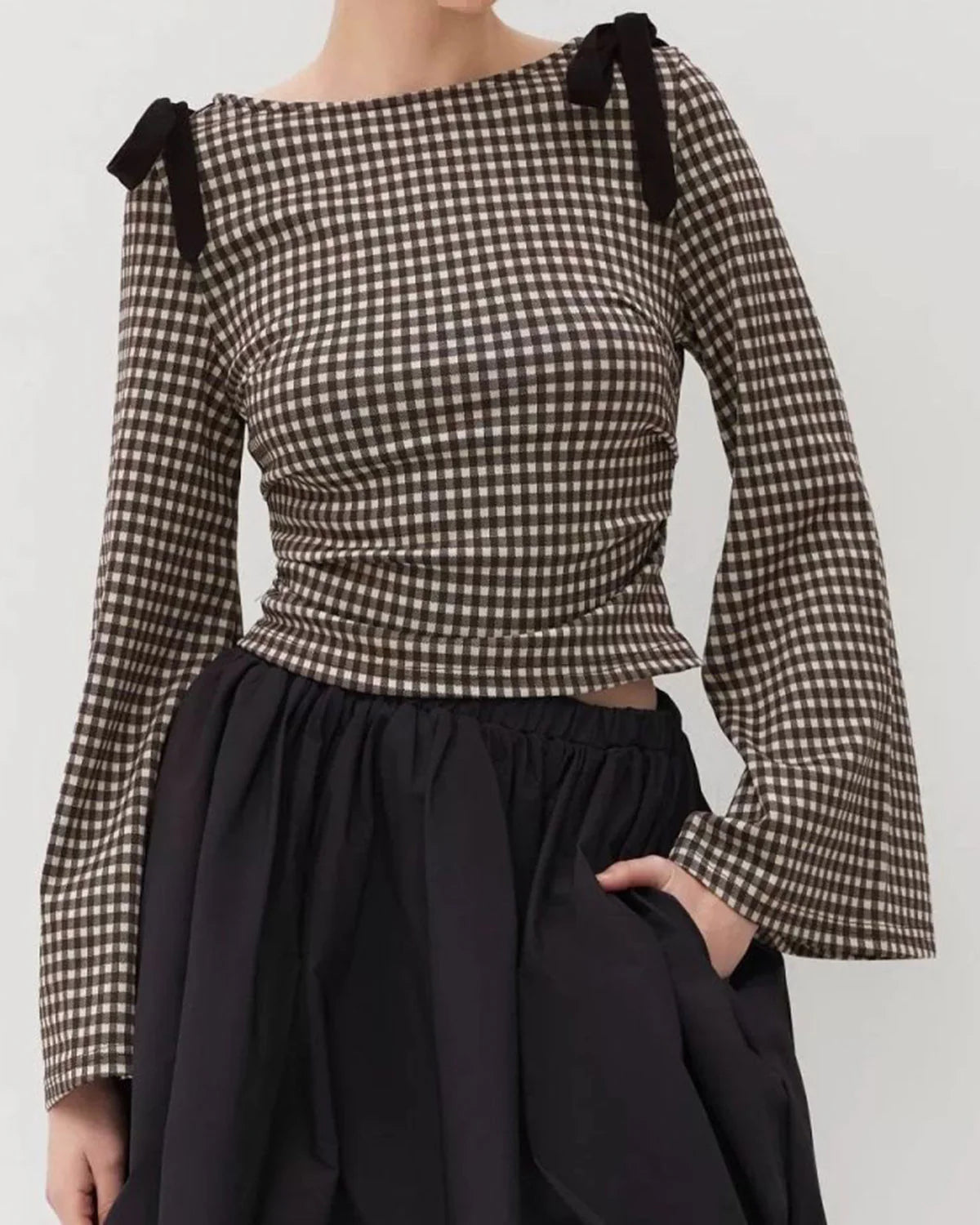 Coffee Plaid Bell Sleeve Tee