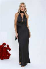 VIP Energy Satin Scarf Halter Maxi Dress Black
