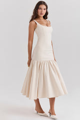 Vintage Cream Dropped Waist Midi Dress