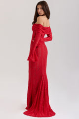 Red Off Shoulder Floral Lace Maxi Dress