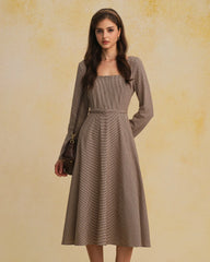 Brown Plaid Square Neck Belted Maxi Dress