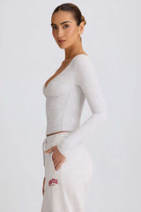 Ribbed Modal Ruched V-Neck Top in Grey Marl