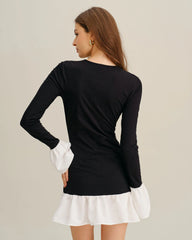 Black Contrasting A-Line Ruffle Mini Dress