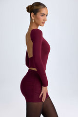 Cali-Modal Ruched Mid-Rise Mini Skirt in Wine Red