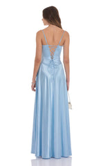 Satin Square Neck Maxi Dress in Light Blue